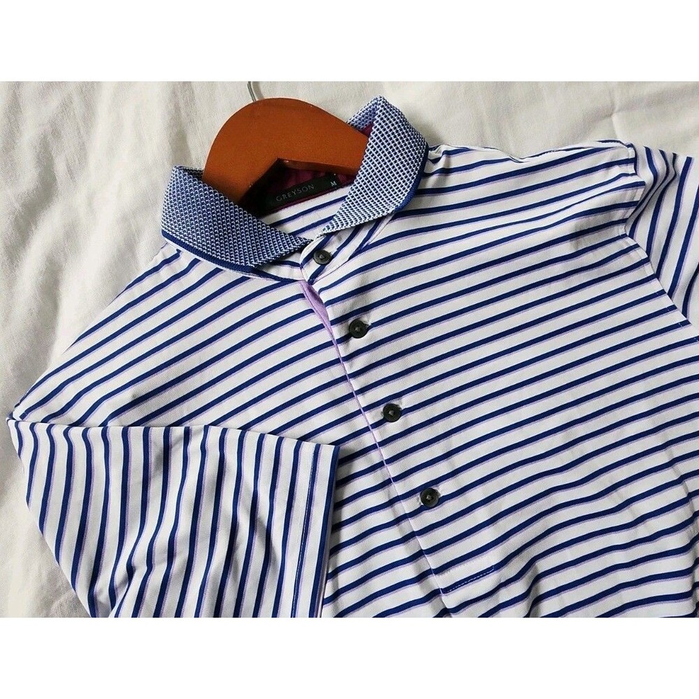 Greyson Polo Shirt Mens Size M Blue Purple Striped Golf Short Sleeve Performance